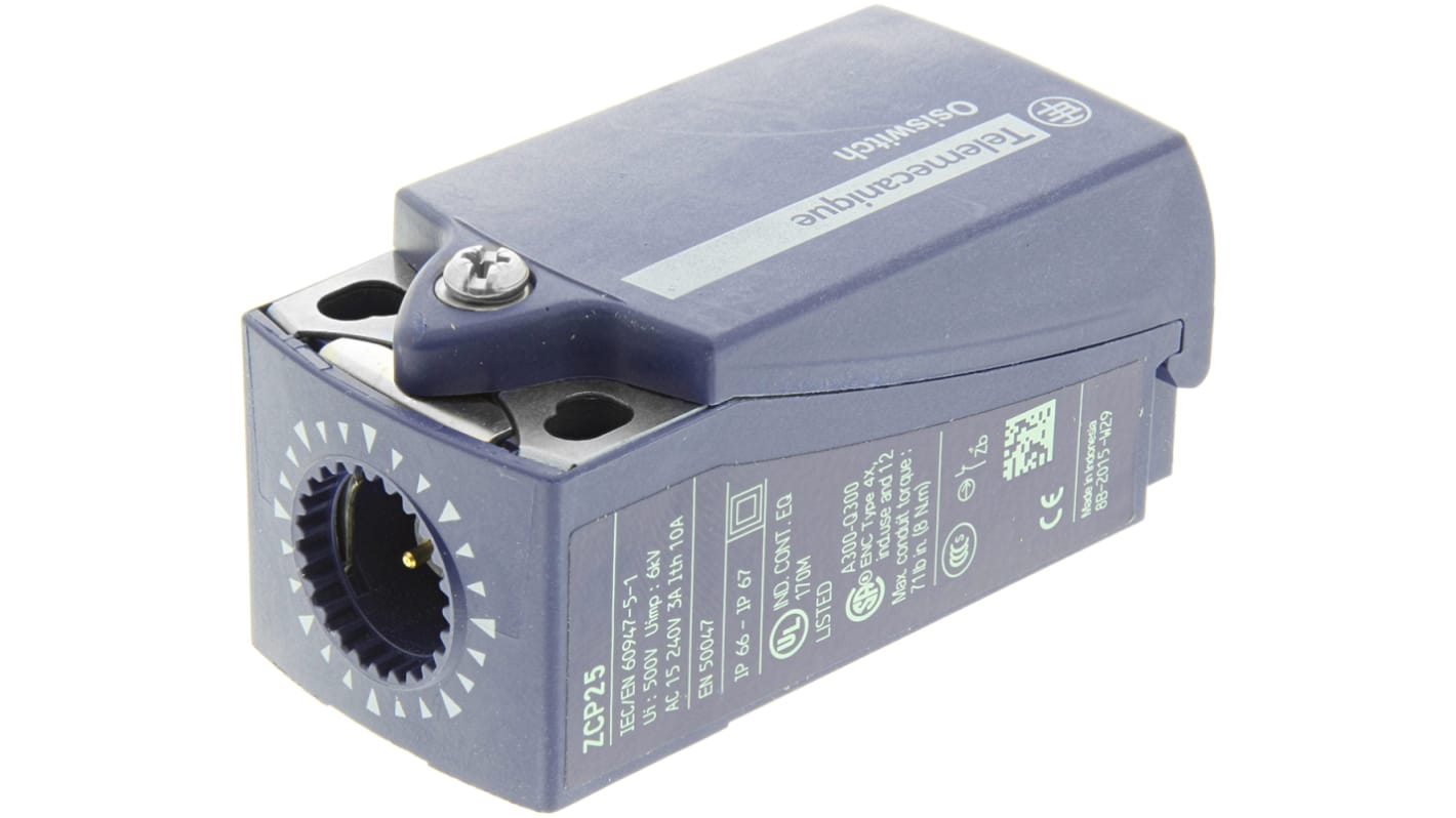 Interruttore di fine corsa Telemecanique Sensors ZCP25, contatti NO/NC, corpo in plastica, dimensioni 65x31x30mm, tensione 240V.