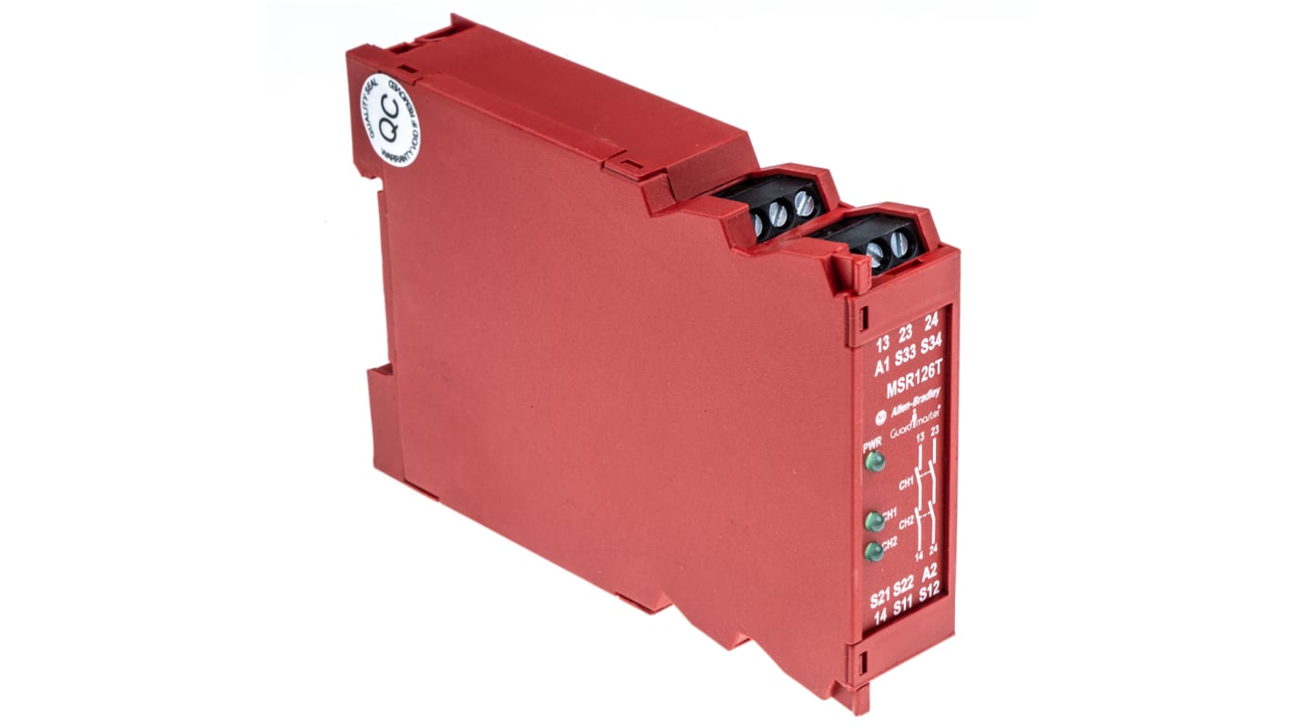 Rockwell Automation 440R-N23117, relè di sicurezza a canale singolo, 24V, 2 contatti normalmente aperti, dimensioni 75x22.5x110 mm.