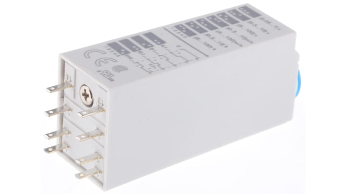Finder, relè timer multifunzione DPDT, intervallo 0,05s-100h, montaggio su guida 35mm, dimensioni 20,6x59,5x27,7mm.