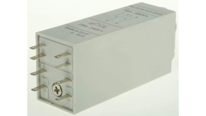 Finder 85.02.8.240.0000, relè timer multifunzione DPDT, 10A, 230-240V AC, montaggio su guida 35mm, dimensioni 17,5x27,7x59,5mm.
