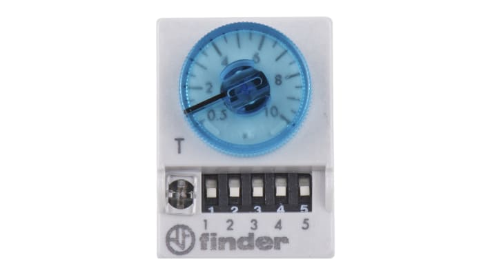 Finder, relè timer multifunzione 4 poli 4PDT, intervallo 0,05s-100h, montaggio a innesto, dimensioni 20,6x27,7x59,5 mm.
