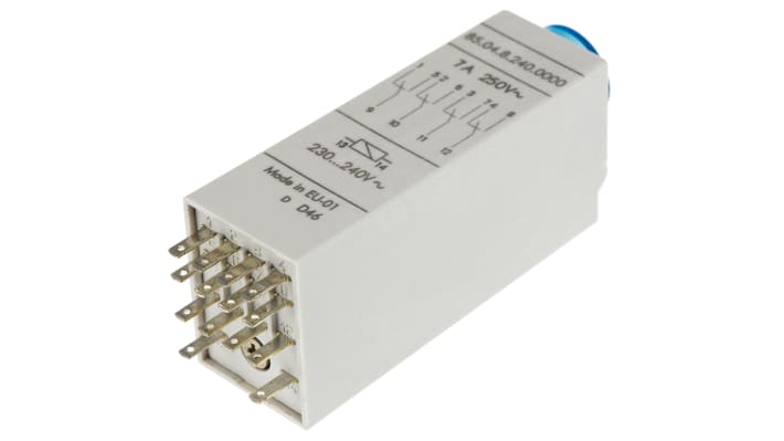 Finder, relè timer multifunzione 4 poli 4PDT, montaggio a innesto 35mm, intervallo 0,05s a 100h, 7A, 230V AC.