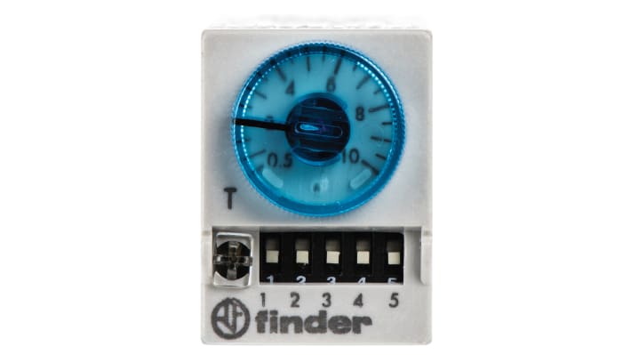 Finder, relè timer multifunzione 4 poli 4PDT, montaggio a innesto 35mm, intervallo 0,05s a 100h, 7A, 230V AC.