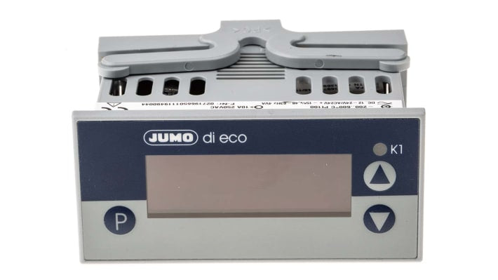 Jumo 701540/811-31, misuratore digitale da pannello con display LCD, alimentazione 12-24 Vdc, dimensioni 76mm x 36mm.