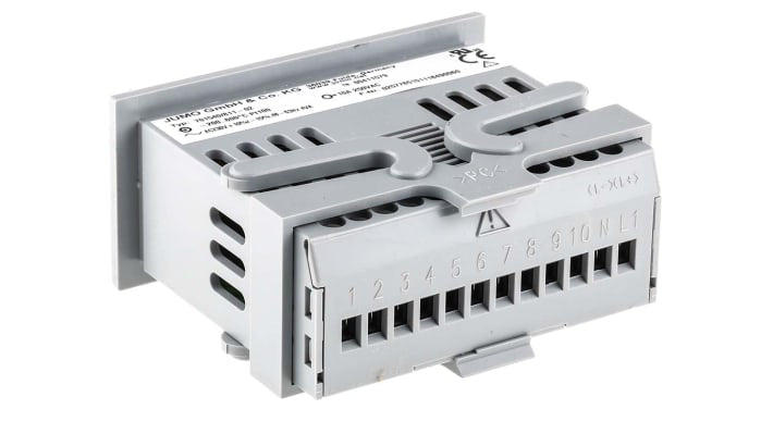 Jumo 701540/811-02, misuratore digitale da pannello con display LCD, alimentazione 230 V, dimensioni foro 36 x 76 mm.