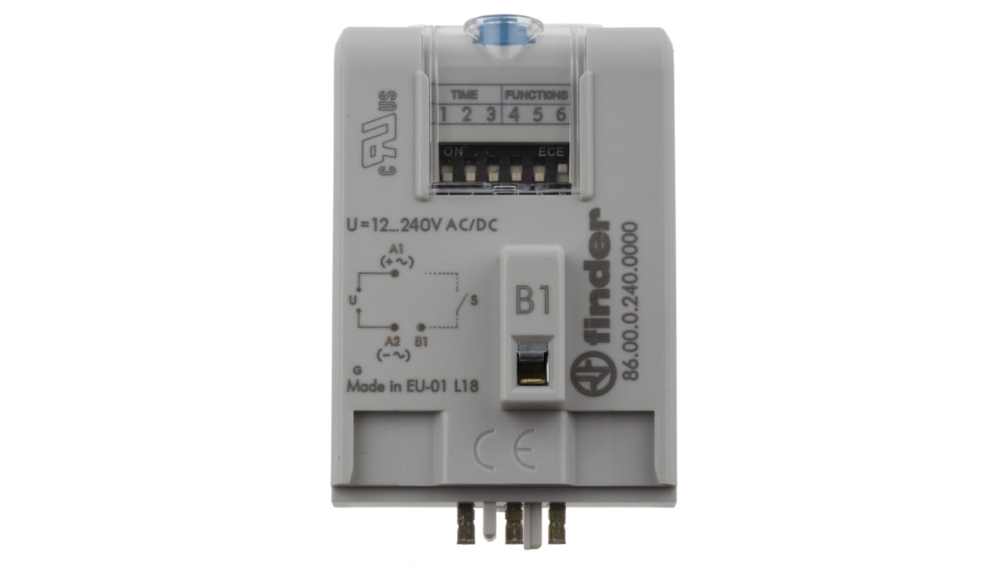 Finder, modulo timer multifunzione a stato solido, 230VAC, intervallo 0,05s-100h, montaggio a innesto, grado di protezione IP20.