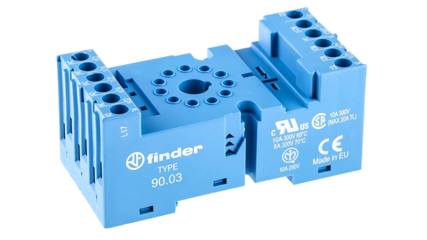 Finder 90.03SMA, zoccolo per relè serie 60.13, modulo timer DIN, 250V, 10A, 8 funzioni, LED indicatore stato.