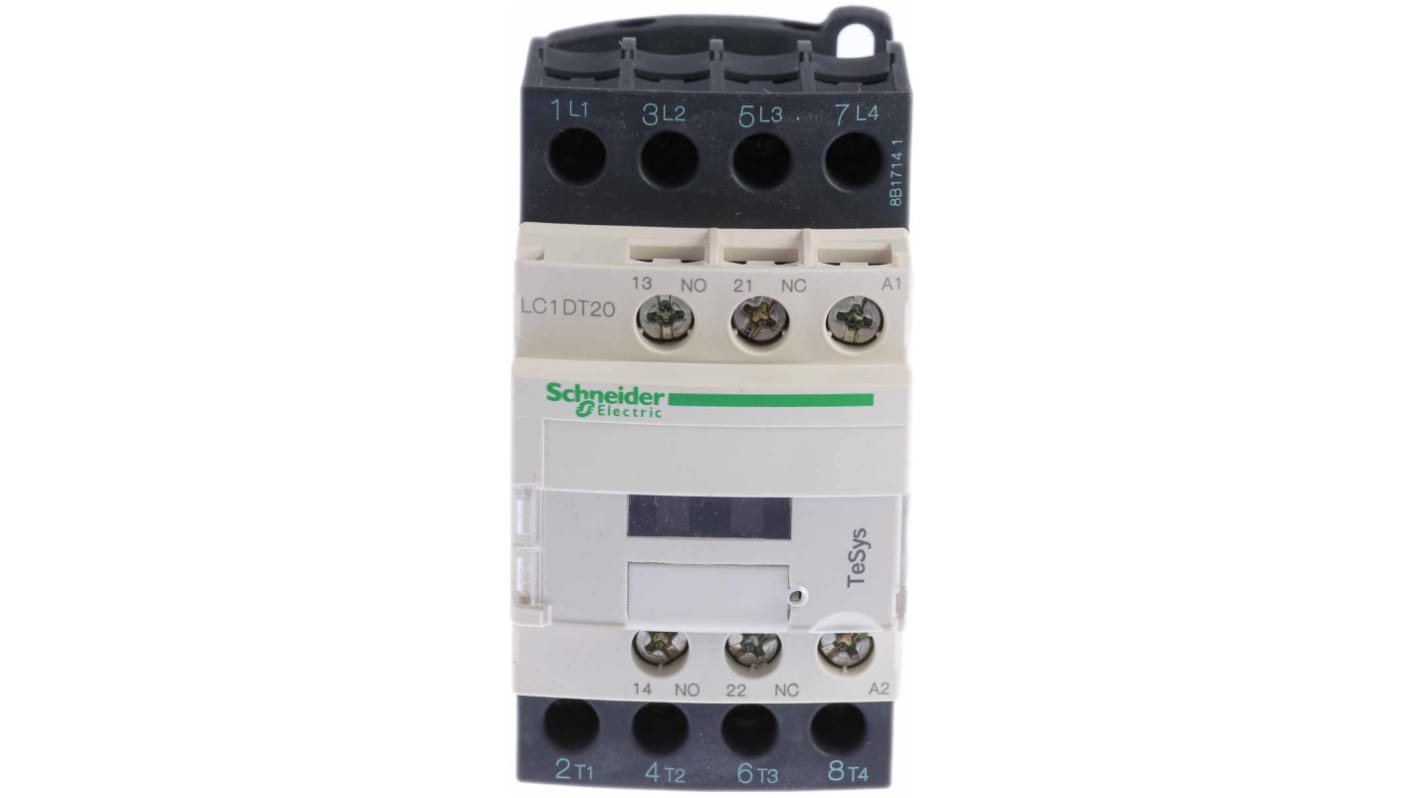 Contattore Schneider Electric LC1DT20B7, 4 poli 20A 24V c.a. per applicazioni industriali. Bobina di azionamento a 24V c.a., affidabile e di lunga durata.