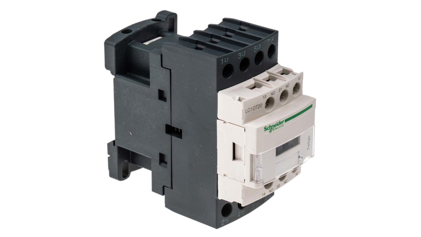 Contattore 4 poli Schneider Electric LC1DT20P7, tensione bobina 230 V c.a., corrente 20 A, montaggio su piastra, dimensioni 85x45x90 mm.