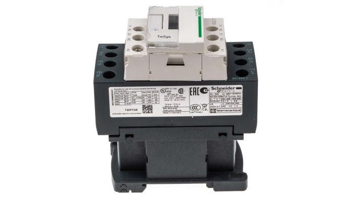 Contattore 4 poli Schneider Electric LC1DT20P7, tensione bobina 230 V c.a., corrente 20 A, montaggio su piastra, dimensioni 85x45x90 mm.