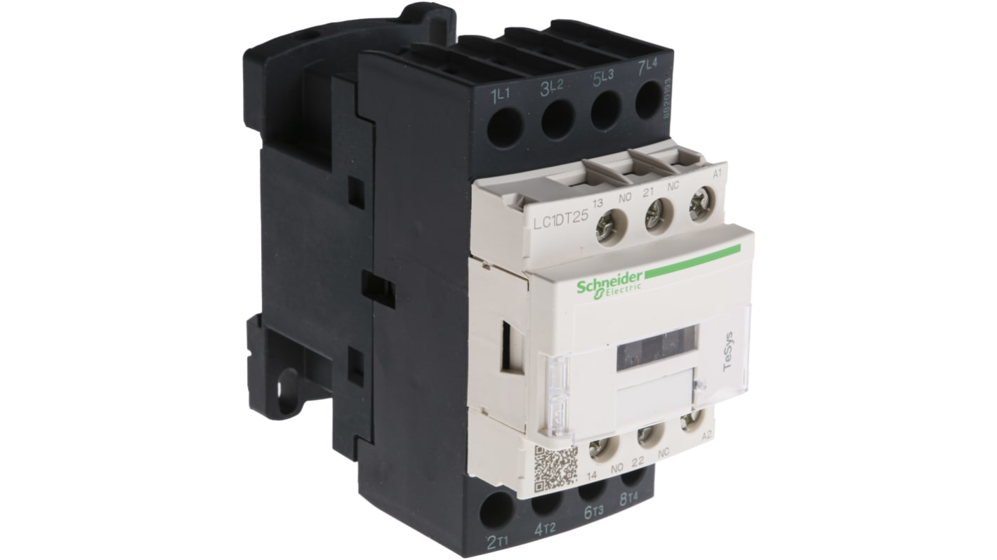 Contattore Schneider Electric LC1DT25P7, 4 poli, 25 A, bobina 230 V, montaggio su guida DIN, dimensioni 45x85x90 mm.