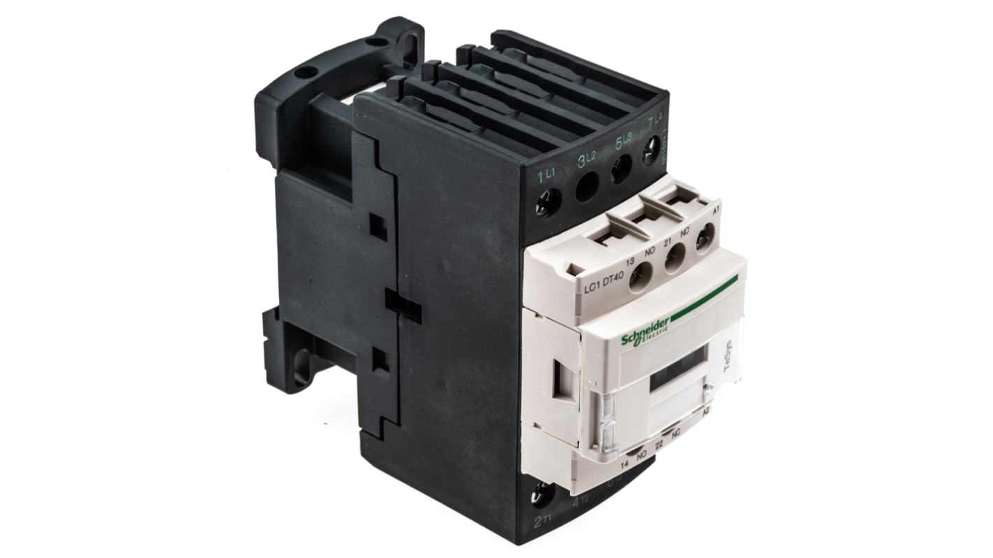 Contattore Schneider Electric LC1DT40F7, 4 poli, 40 A, 110 V c.a., montaggio su guida DIN, dimensioni 91x45x97 mm.