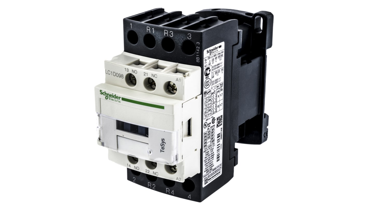 Contattore Schneider Electric LC1D098P7, 4 poli, 20 A, montaggio a pannello, dimensioni 85x45x90 mm, grado di protezione IP20.