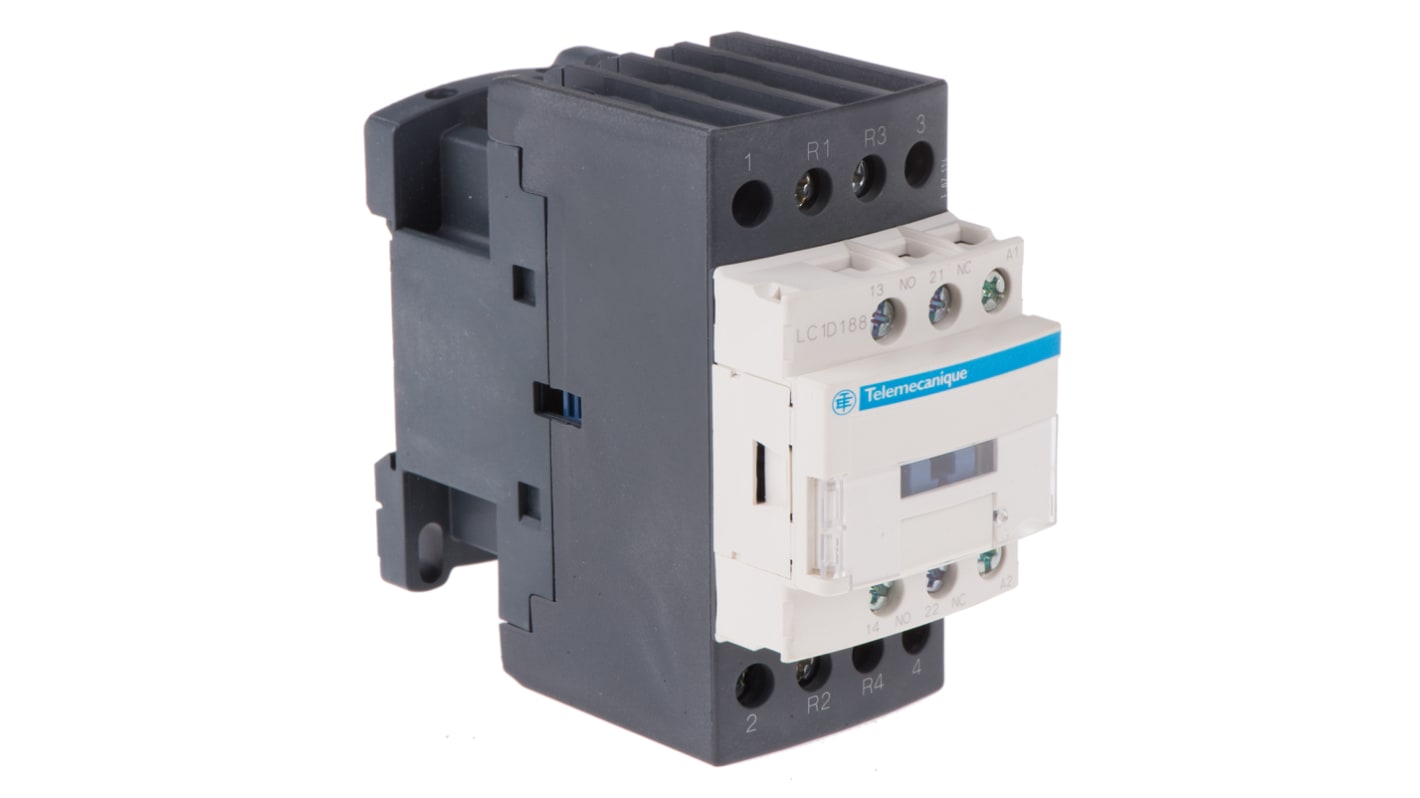 Contattore Schneider Electric LC1D188F7, 4 poli, 32 A, 110 V c.a., montaggio a pannello, dimensioni 105x45x97 mm, grado di protezione IP20.