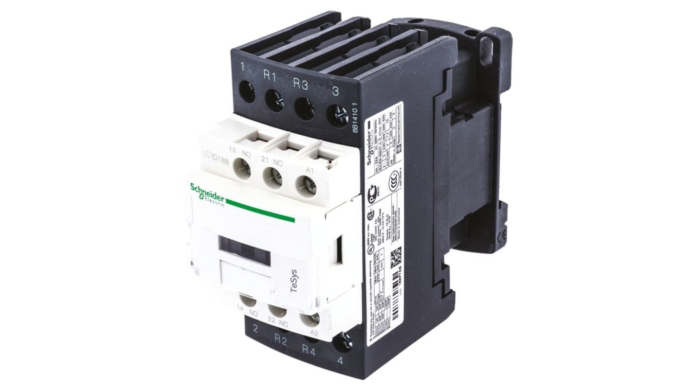 Contattore Schneider Electric LC1D188P7, 4 poli, 18 A, 230 V c.a., montaggio su guida DIN, dimensioni 105x45x97 mm.