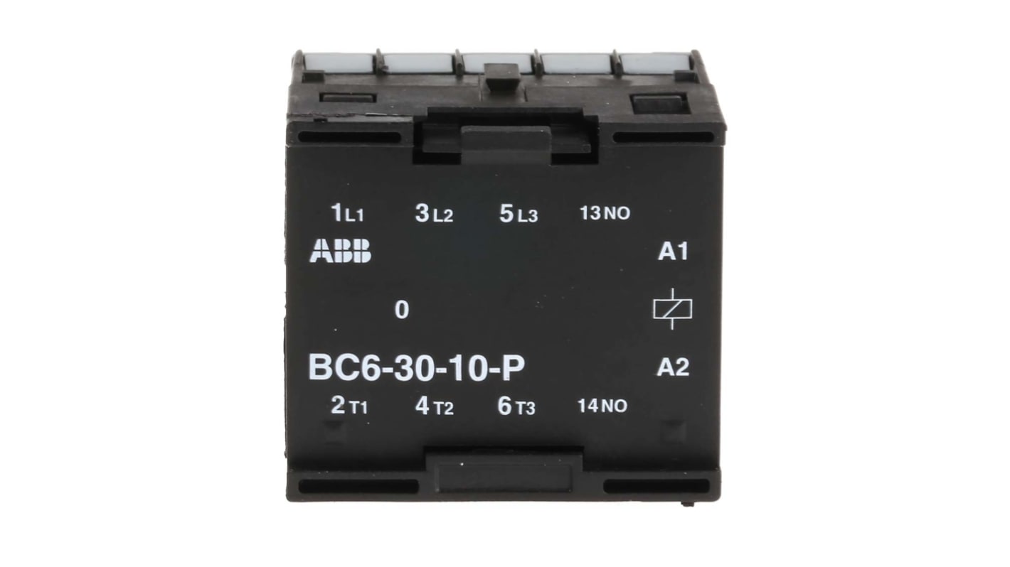 Contattore ABB BC6-30-10-P01, 3 poli, corrente 6 A, montaggio su guida DIN, dimensioni 47.5 x 45.5 x 51.5 mm.