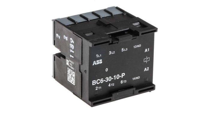 Contattore ABB BC6-30-10-P01, 3 poli, corrente 6 A, montaggio su guida DIN, dimensioni 47.5 x 45.5 x 51.5 mm.