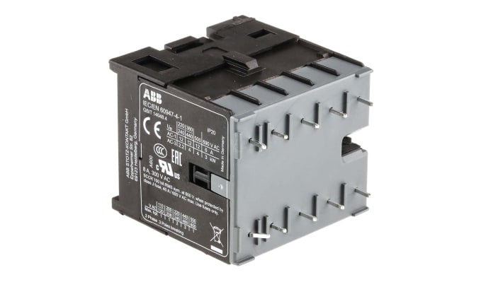 Contattore ABB BC6-30-10-P01, 3 poli, corrente 6 A, montaggio su guida DIN, dimensioni 47.5 x 45.5 x 51.5 mm.