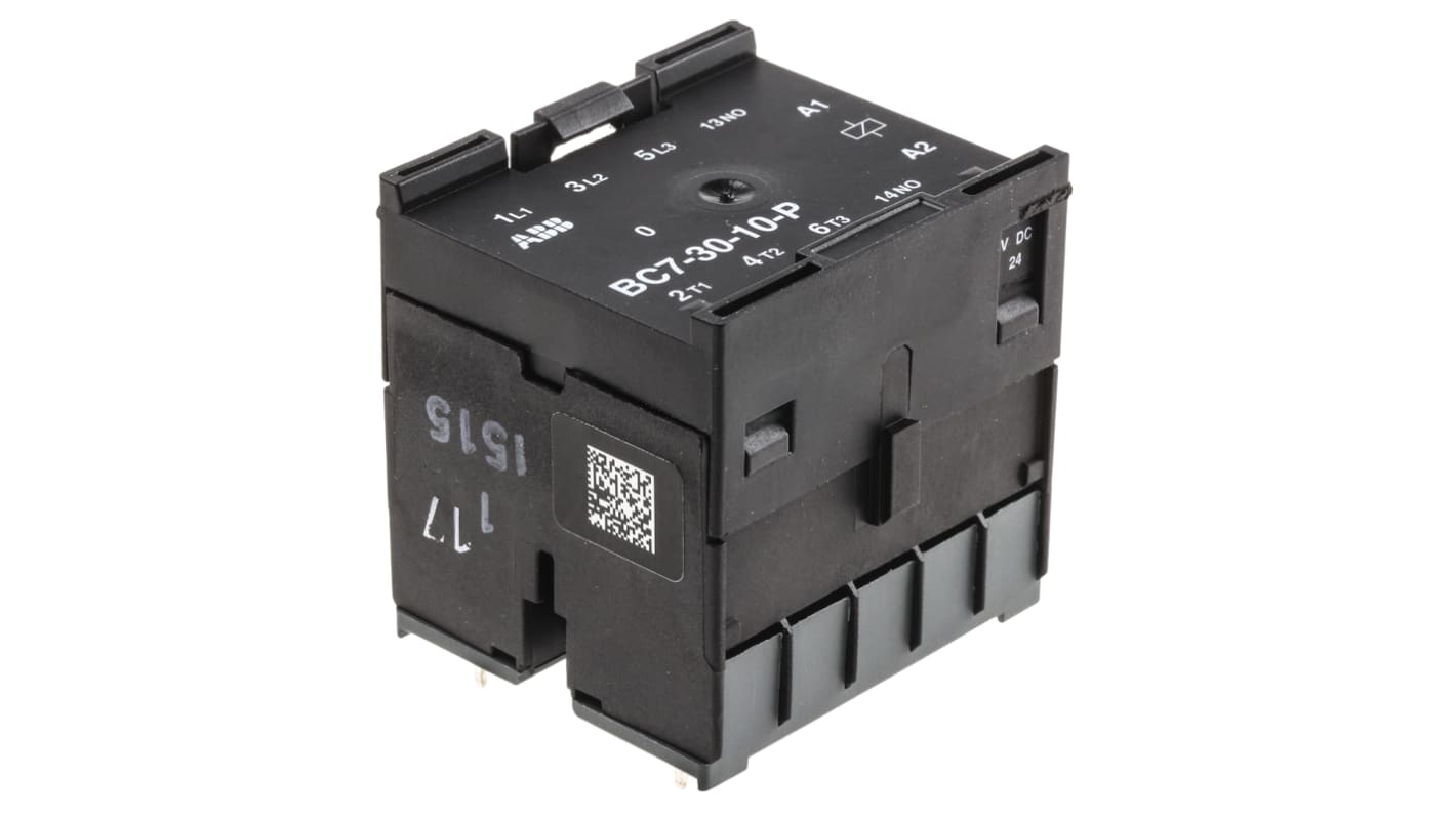 Relè contattore ABB BC7-30-10-P01, 3 poli, 20 A, 24 V c.c., montaggio su guida DIN, dimensioni 45,5 x 47,5 x 51,5 mm.