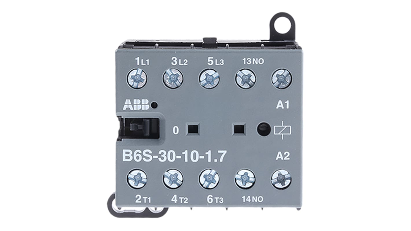 Relè contattore ABB GJL1213001R7101, serie B6, 3 poli, 20 A, bobina 24 V c.c., montaggio su guida DIN, dimensioni 57.5 x 52.5 x 46.5 mm.