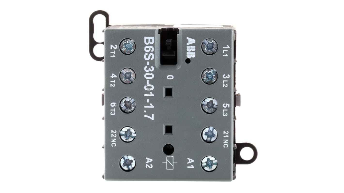 Contattore ABB GJL1213001R7011, serie B, 3 poli, 20 A, bobina 24 V c.c., montaggio su guida DIN, dimensioni 57.5 x 52.5 x 46.5 mm.