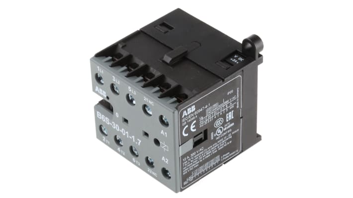 Contattore ABB GJL1213001R7011, serie B, 3 poli, 20 A, bobina 24 V c.c., montaggio su guida DIN, dimensioni 57.5 x 52.5 x 46.5 mm.