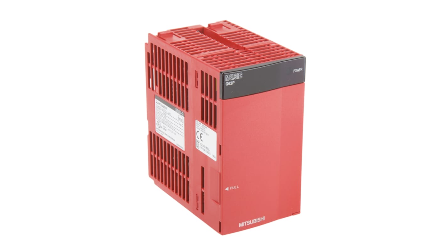 Alimentatore PLC Mitsubishi Electric Q63P, ingresso 24 V c.c., uscita 5 V c.c., corrente 6 A, dimensioni 55,2 x 98 x 90 mm.