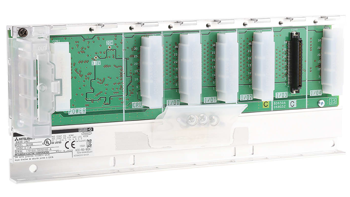 Unità base Mitsubishi Electric Q35B per la serie MELSEC Q, montaggio su guida DIN, compatibile con moduli Q61P e Q63P.
