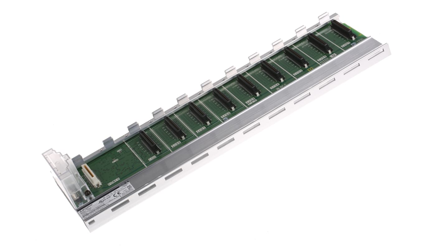 Unità base Mitsubishi Electric Q38B-E per montaggio su guida DIN, compatibile con moduli MELSEC Q, temperatura operativa fino a +55°C.