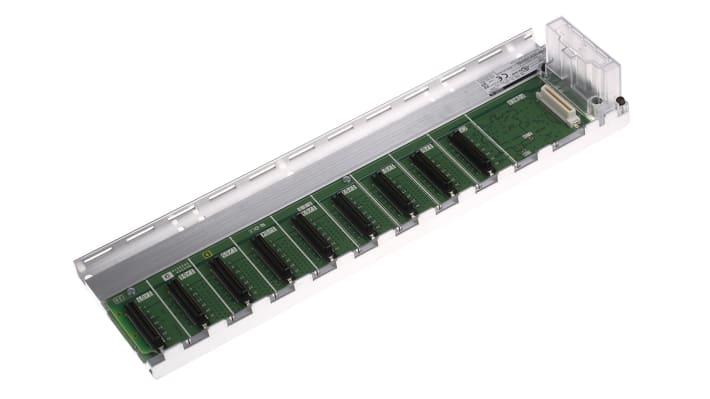 Unità base Mitsubishi Electric Q38B-E per montaggio su guida DIN, compatibile con moduli MELSEC Q, temperatura operativa fino a +55°C.