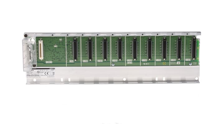 Unità base Mitsubishi Electric Q38B-E per montaggio su guida DIN, compatibile con moduli MELSEC Q, temperatura operativa fino a +55°C.