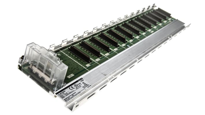 Mitsubishi Electric Q312B-E, unità base per montaggio su guida DIN, compatibile con moduli MELSEC Q, temperatura max +55°C.