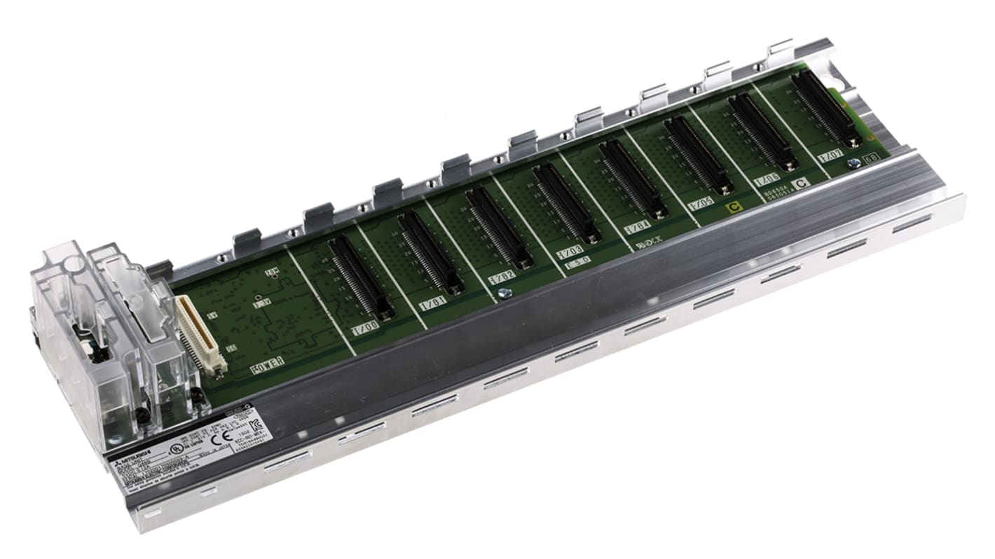 Mitsubishi Electric Q68B, unità di estensione MELSEC Q, supporta fino a 7 unità e 64 moduli I/O, montaggio su guida DIN.