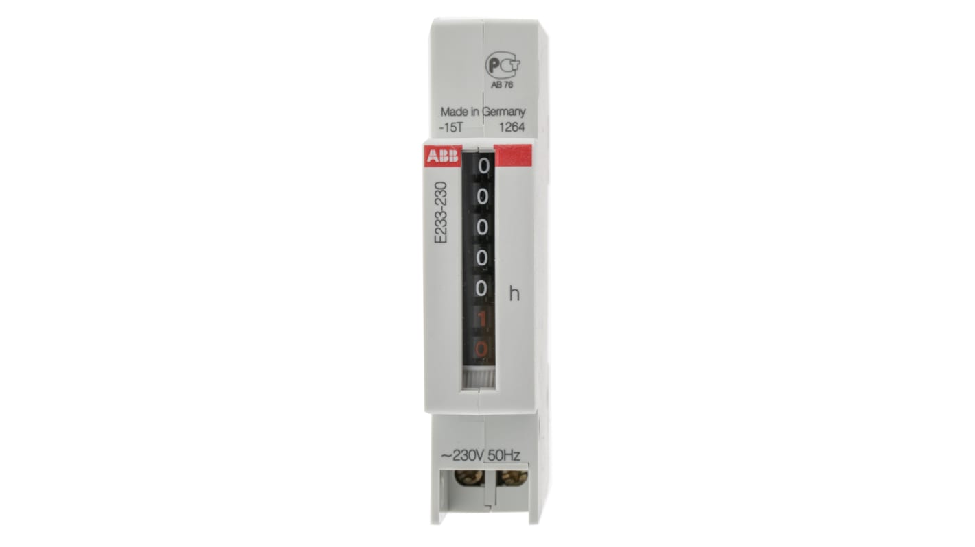 Contatore elettronico ABB 2CDE100000R1601, per monitorare tempi di funzionamento, montaggio su guida DIN 35 mm, 17,5 mm di larghezza.
