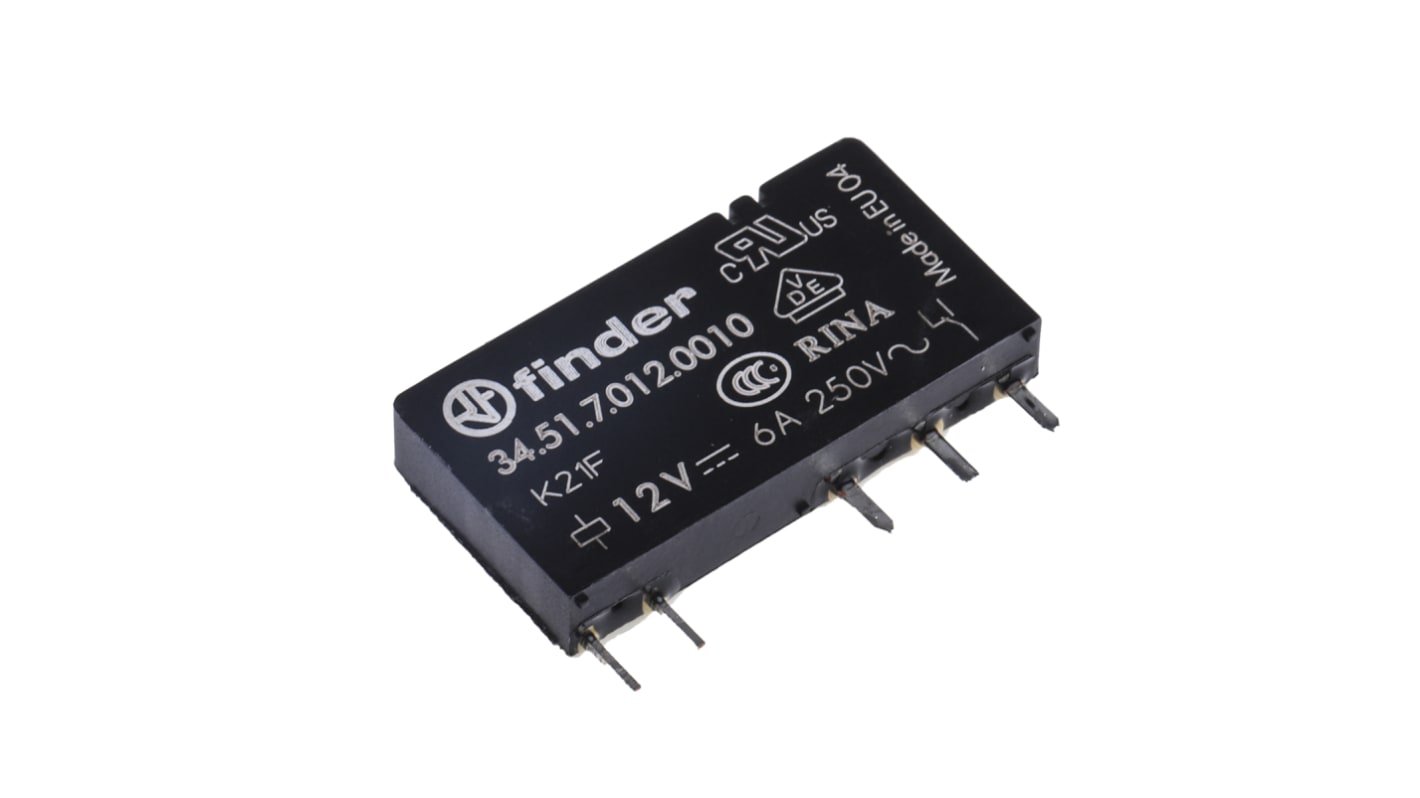 Relè di potenza Finder SPDT 12V cc, ultrasottile 5 mm, montaggio su PCB, contatti in argento, isolamento 6 kV.