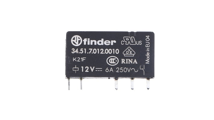 Relè di potenza Finder SPDT 12V cc, ultrasottile 5 mm, montaggio su PCB, contatti in argento, isolamento 6 kV.