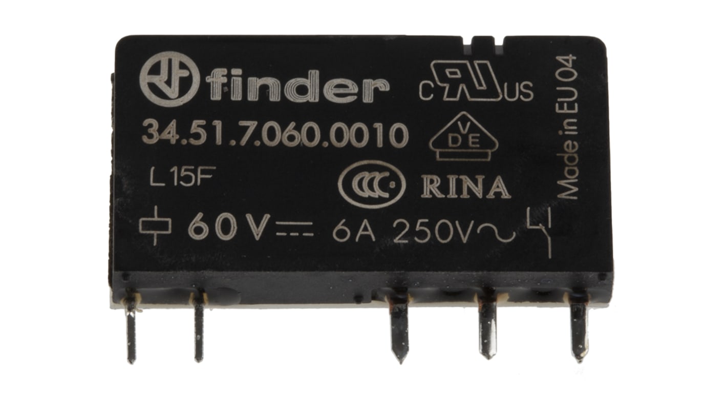 Finder 34.51.7.060.0010, relè di potenza SPDT ultrasottile 5 mm, montaggio su PCB, 6A, 400V ca, isolamento 6 kV.