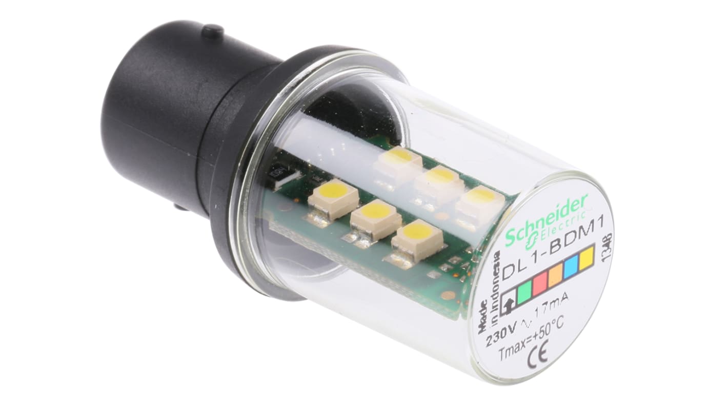Lampadina Schneider Electric DL1BDM1 per applicazioni industriali, Ø 50 mm, IP65, segnalazione fissa o lampeggiante, 230 V.