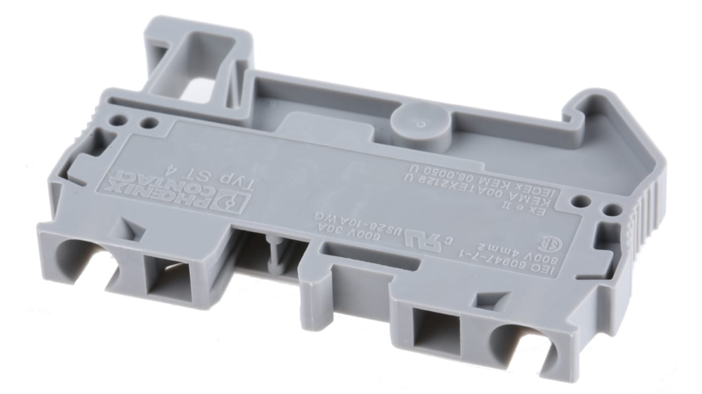 Morsettiera DIN grigia Phoenix Contact 3031364 con collegamenti anteriori e isolamento PA. Ideale per cablaggio sicuro in ingegneria meccanica e impiantistica. Conforme agli standard DIN.