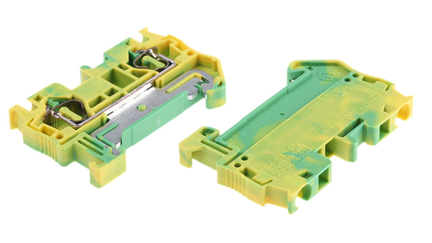 Morsettiera di terra Phoenix Contact ST 4-PE, Verde/Giallo, 52A - 3031380. Tecnologia a gabbia a molla, fusibile tipo C, resistente agli urti. Ideale per armadi di controllo e ambienti ATEX.