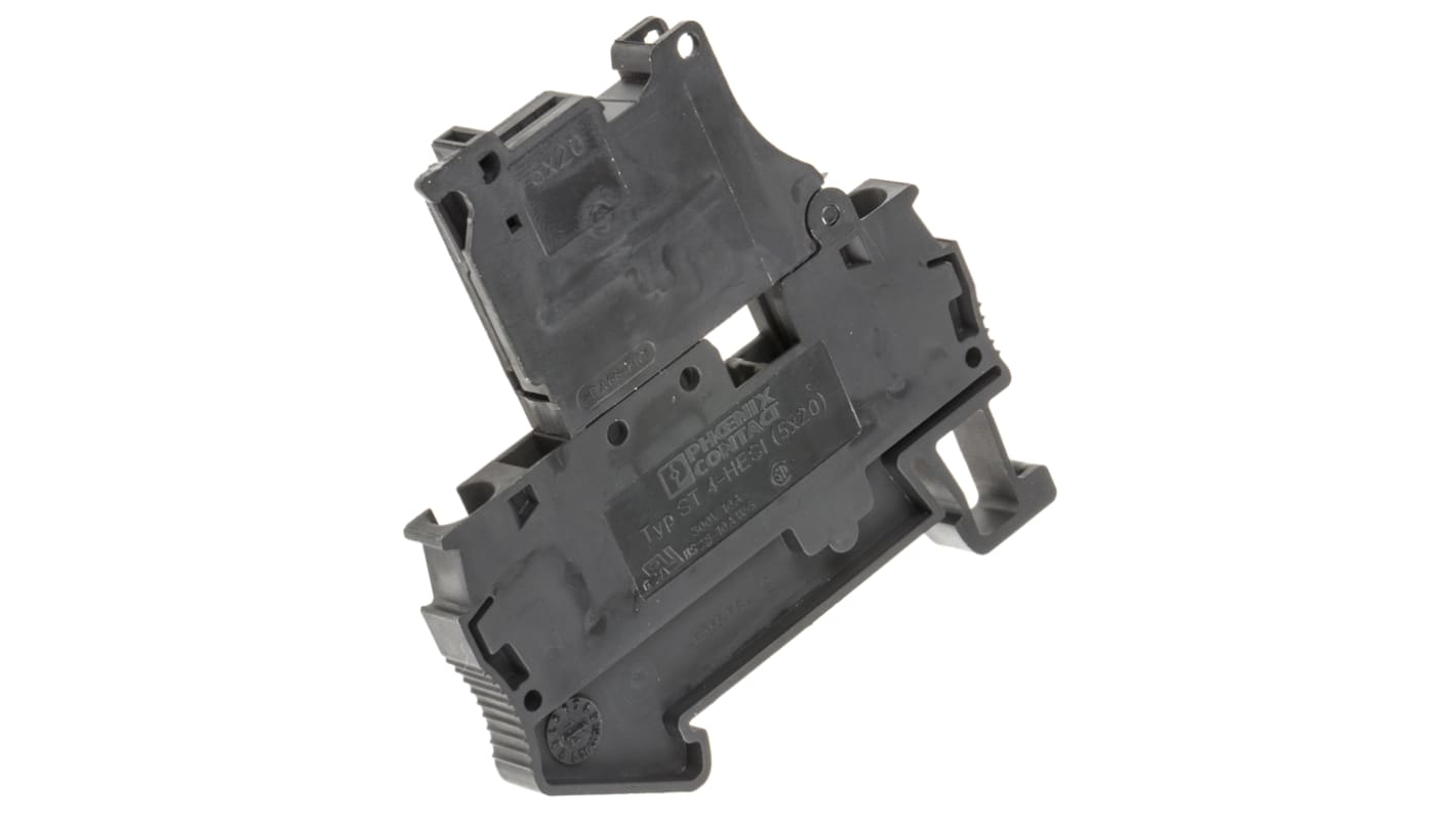 Morsetto portafusibili componibile Phoenix Contact - 3036369 per guida DIN con fusibile G / 5 x 20. Corrente nominale 6,3A, 6kV di picco, conformità EN 45545-2.
