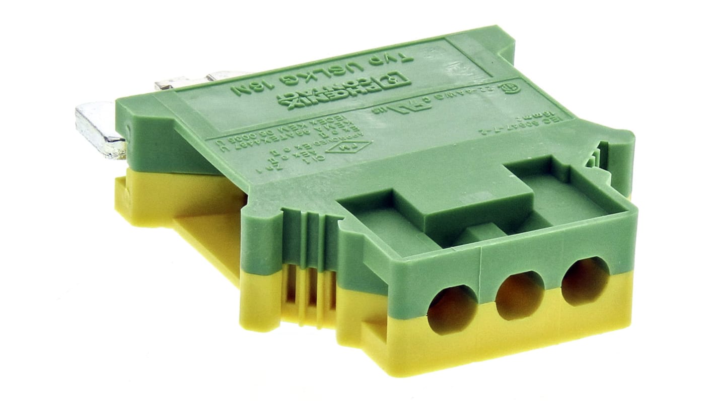 Morsettiera di terra Phoenix Contact 443023, 2 vie, 12 → 4 AWG, USLKG. Montaggio su guida DIN, protezione ATEX, resistenza -60°C a +130°C. Per sistemi di automazione e quadri elettrici.