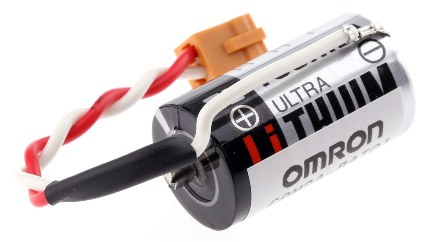 Batteria al litio Omron CPM2ABAT01 per CPU PLC serie CPM2A, operativa da 0 a 55°C, durata di circa cinque anni.