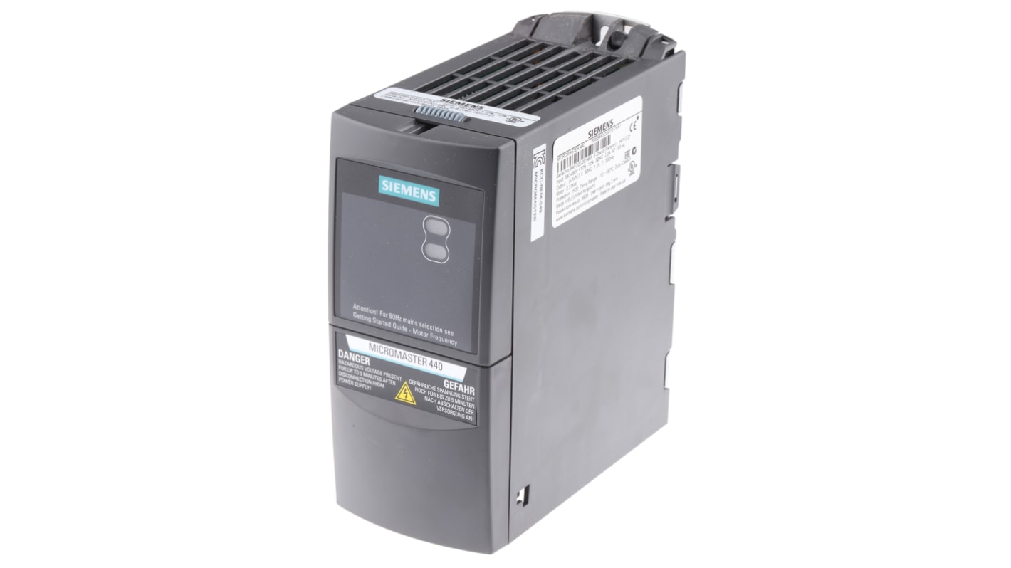 Inverter trifase Siemens 6SE6440-2UD13-7AA1, potenza 0,37 kW, 400 V, dimensioni 173x149x73 mm, per controllo motori.