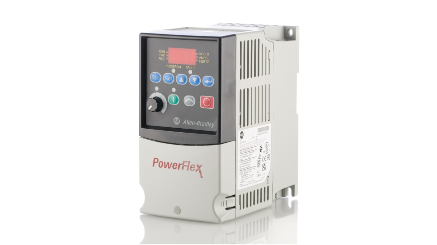 Inverter trifase Allen Bradley 22B-D2P3N104, potenza 0,75 kW, 400 V, interfaccia Ethernet, dimensioni 180x100x136 mm.