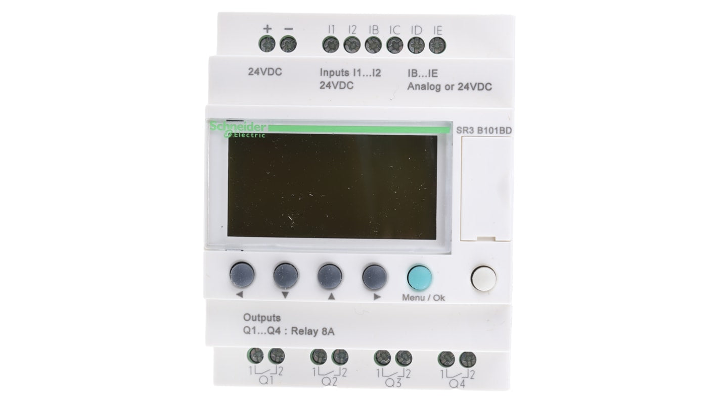 Modulo logico Schneider Electric SR3B101BD 6 ingressi 4 uscite 24V c.c. per automazione HVAC e controllo macchinari.
