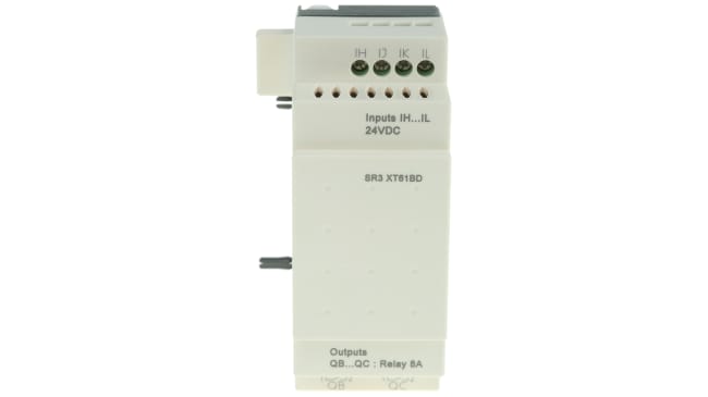 Modulo I/O Schneider Electric SR3XT61BD per guida DIN, 4 ingressi discreti, 2 uscite relè, 24 V cc, dimensioni 110 x 35,5 x 59,5 mm.