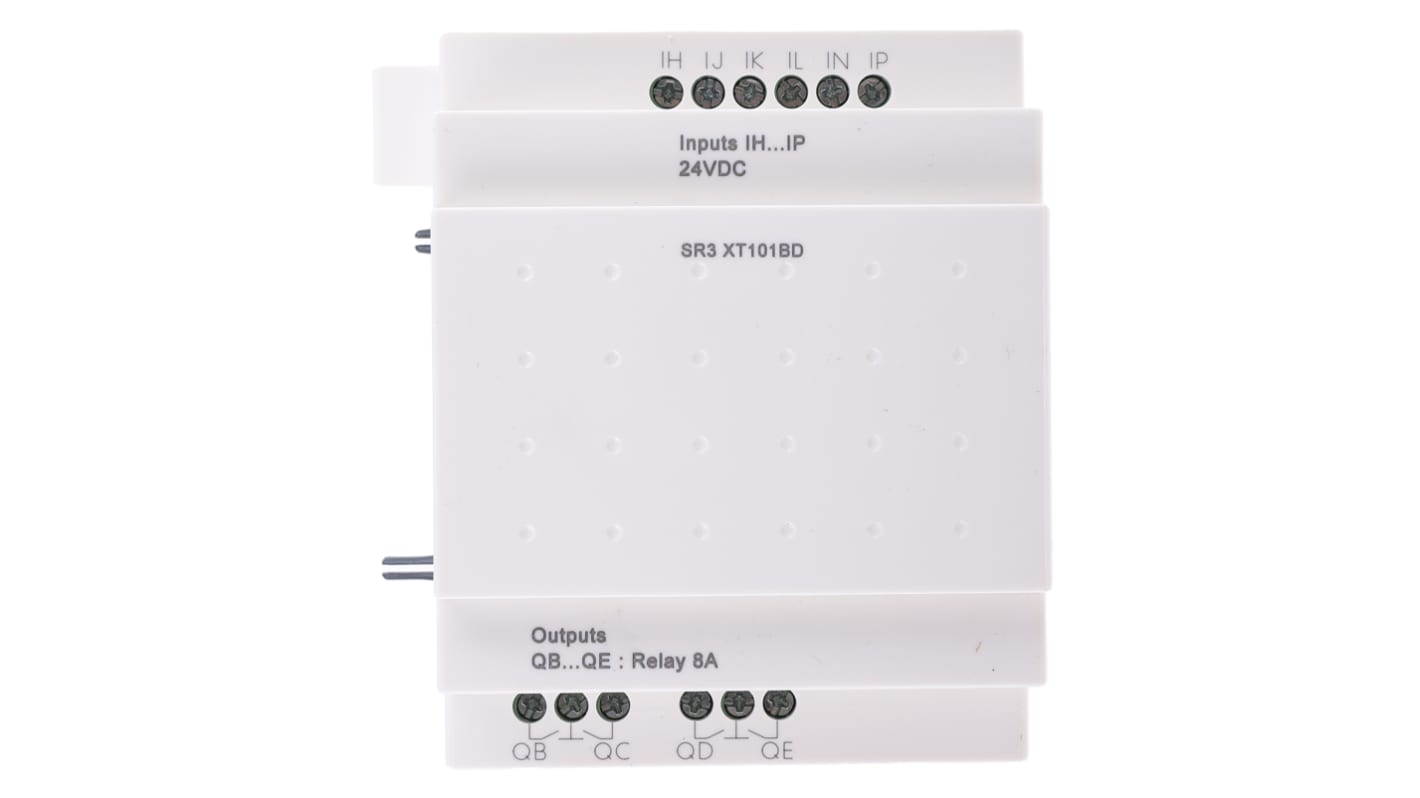 Modulo logico Schneider Electric Zelio Logic SR3XT101BD con 6 ingressi e 4 uscite, per automazione e controllo luci HVAC.