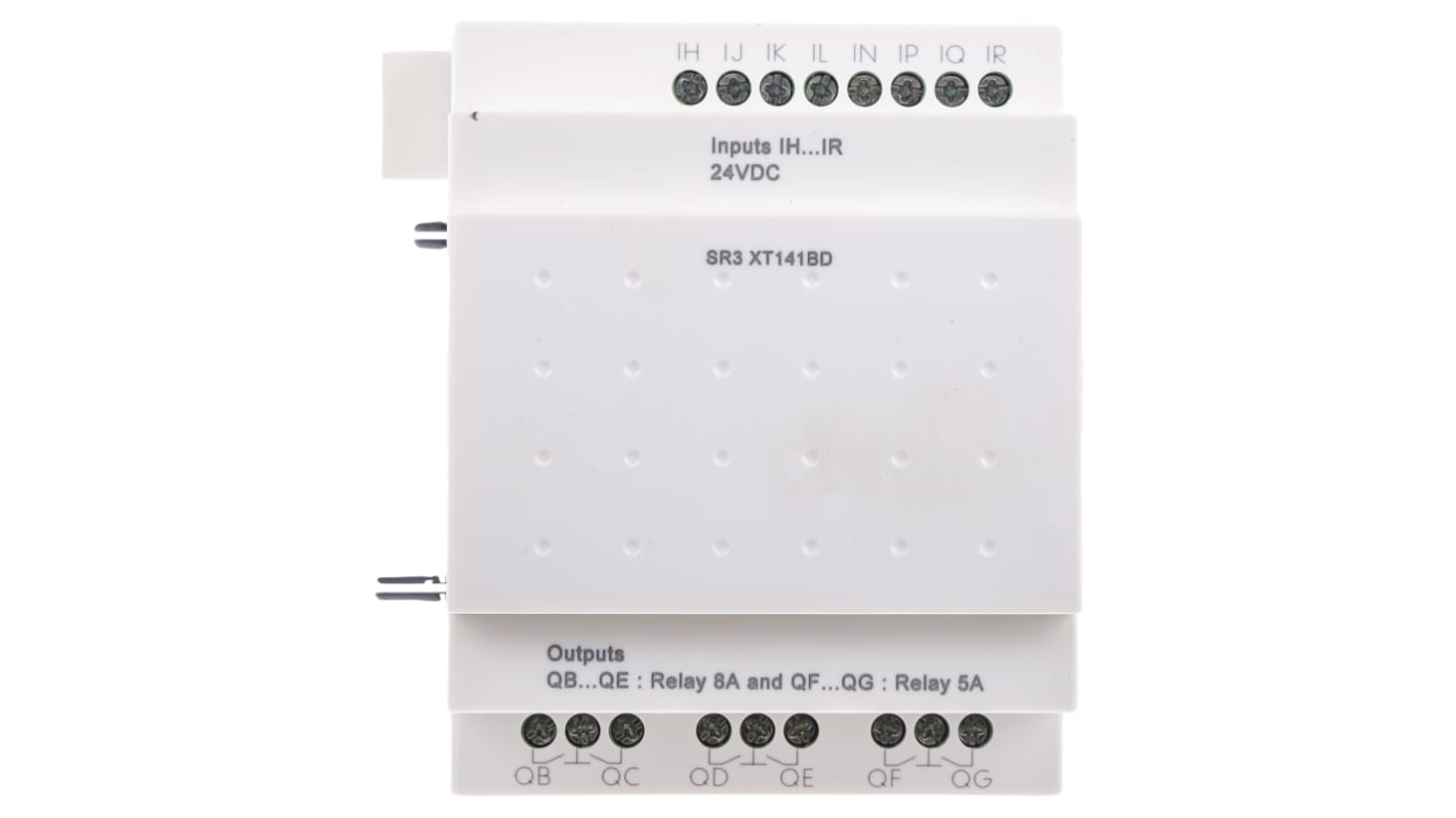 Modulo I/O Schneider Electric SR3XT141BD per monitoraggio industriale. 8 ingressi, 6 uscite, tensione di uscita 24-250 V c.a. - Guida DIN, -20°C / +55°C.