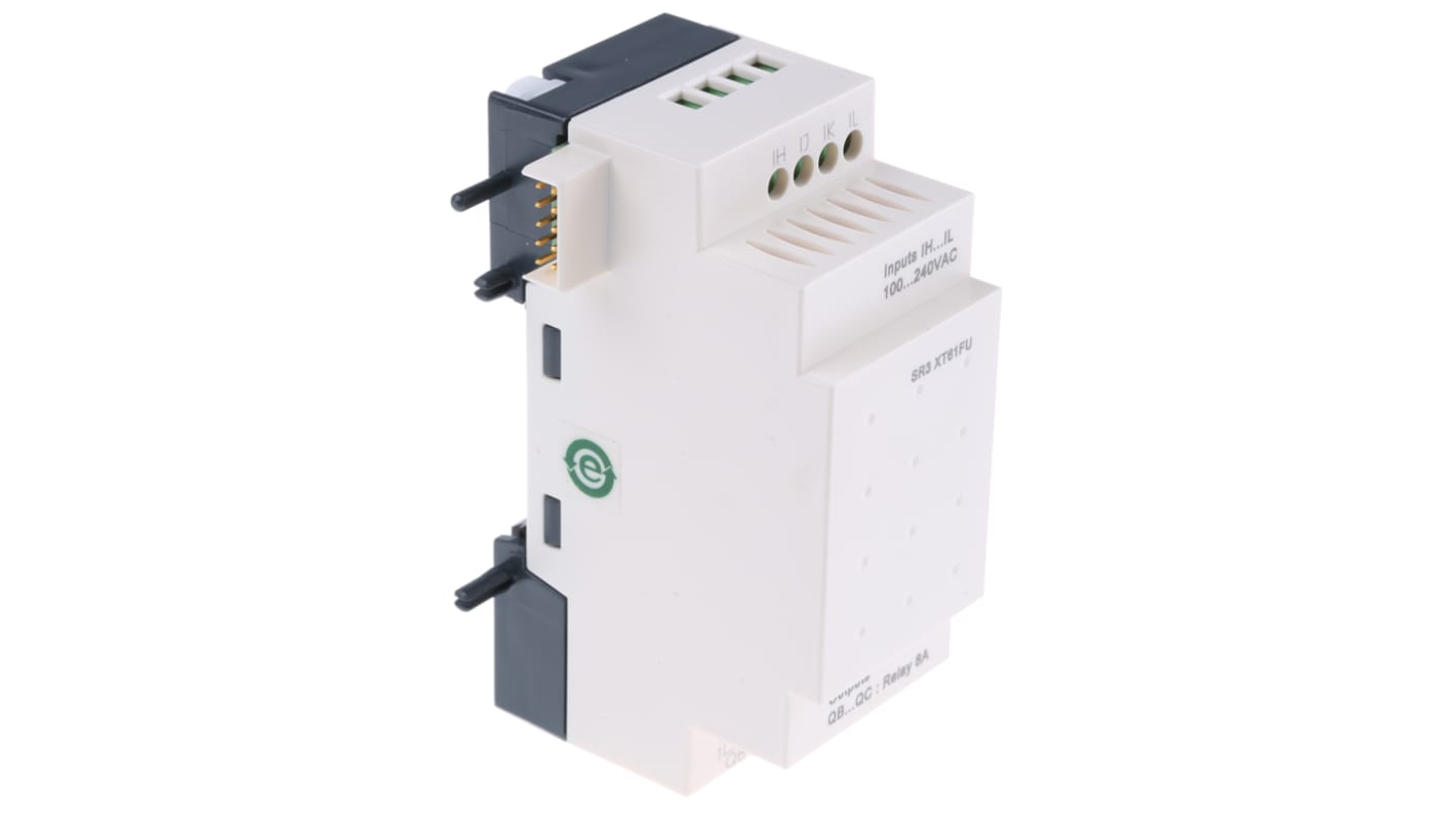 Modulo I/O Schneider Electric SR3XT61FU per guida DIN, 4 ingressi discreti, 2 uscite relè, dimensioni 110 x 35,5 x 59,5 mm.